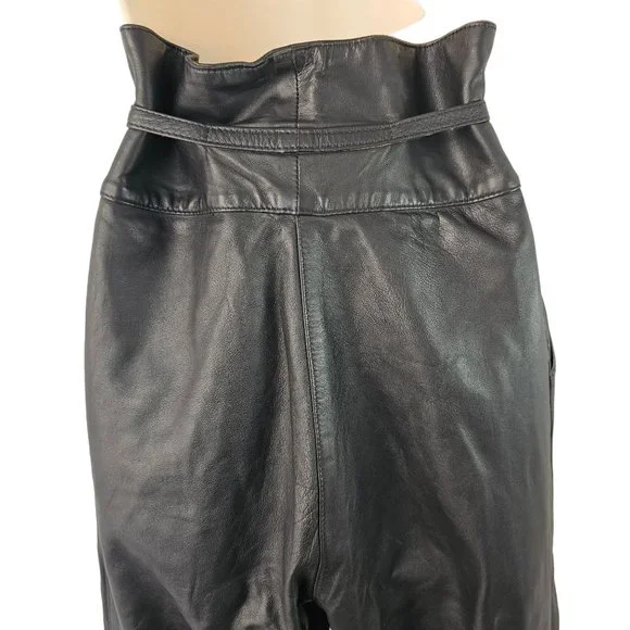 90s High Waist Leather Pants Laced Belt Slash Pockets Curved Hem Womens 26 Black - Picture 4 of 11